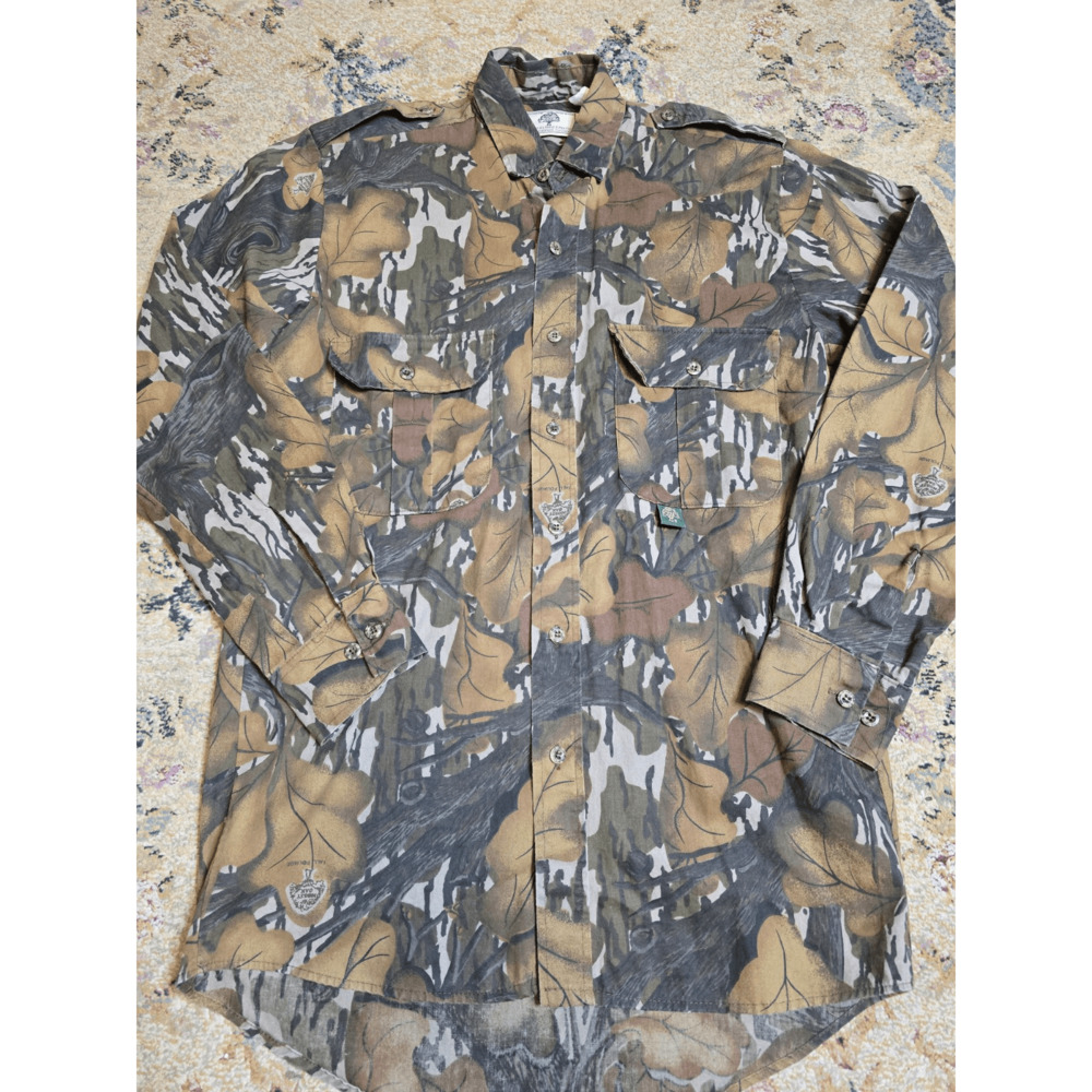 Vintage Mossy Oak Button Up Shirt Fall Foliage Leaf Hunting Camo USA Size S/M